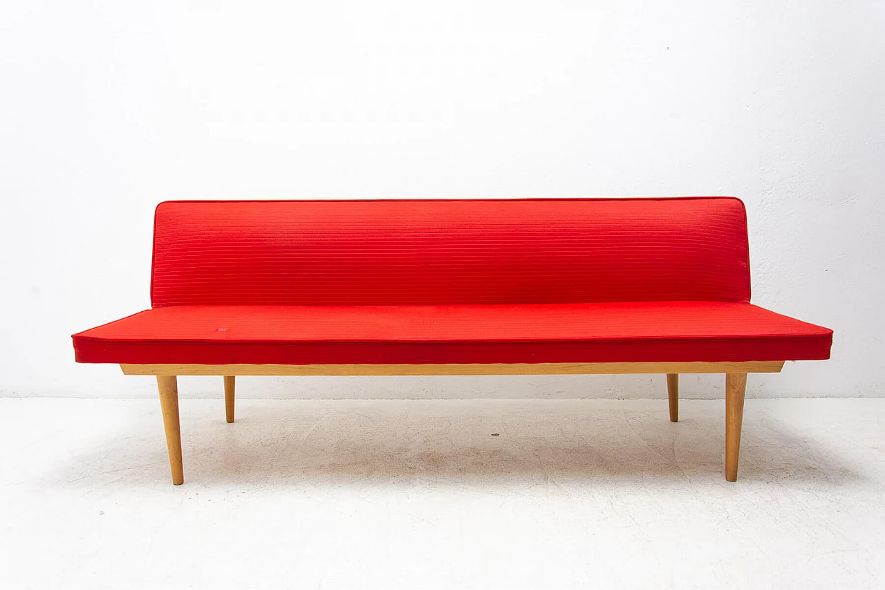Beech and red fabric sofa bed by Miroslav Navratil, 1960s 16