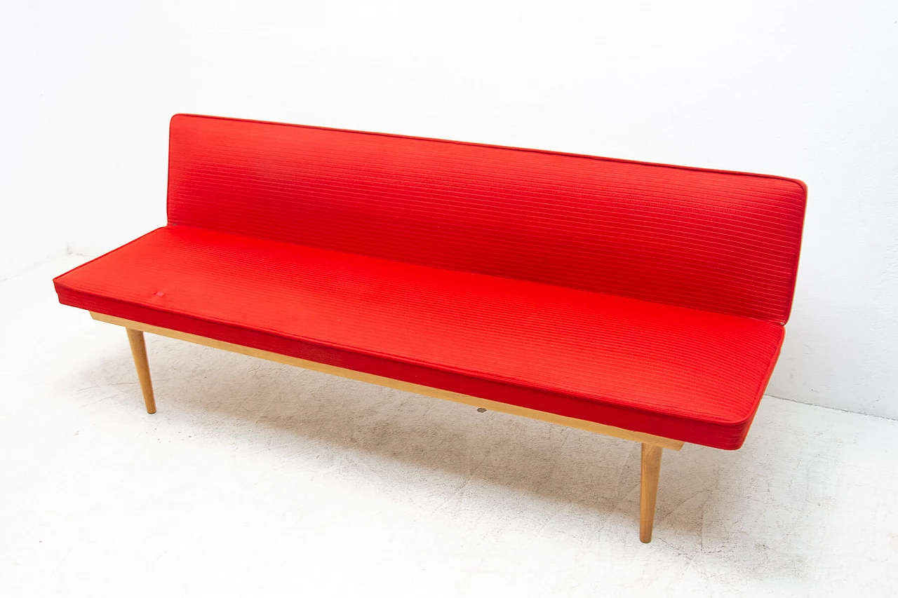 Beech and red fabric sofa bed by Miroslav Navratil, 1960s 18