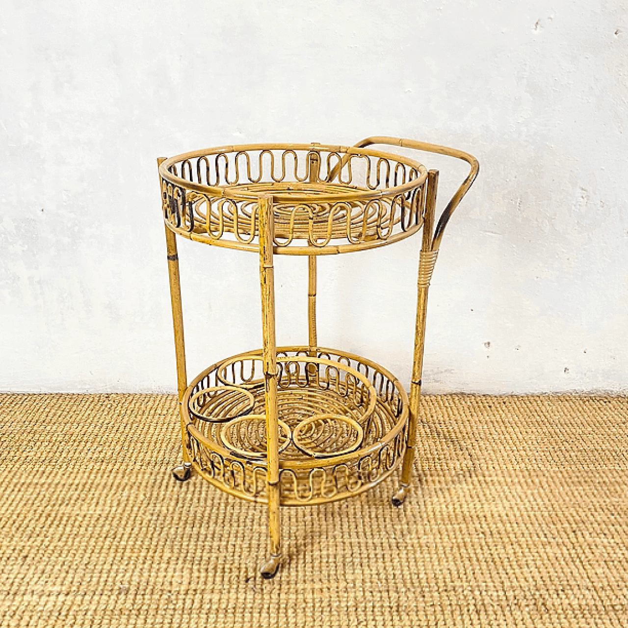 Round rattan trolley, 1960s 1
