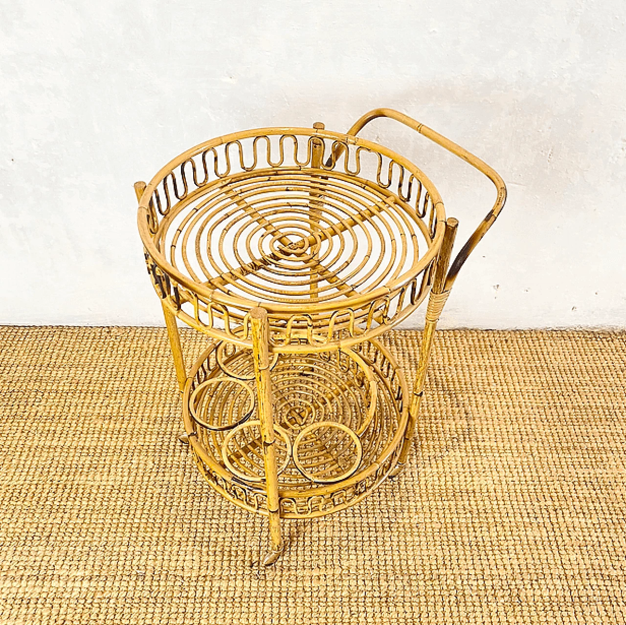 Round rattan trolley, 1960s 2