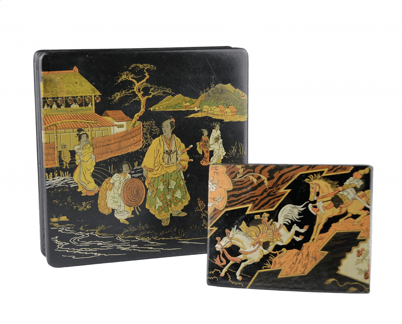 Coppia di scatole in cartapesta laccata Pont à Mousson con samurai e geishe, '800 21