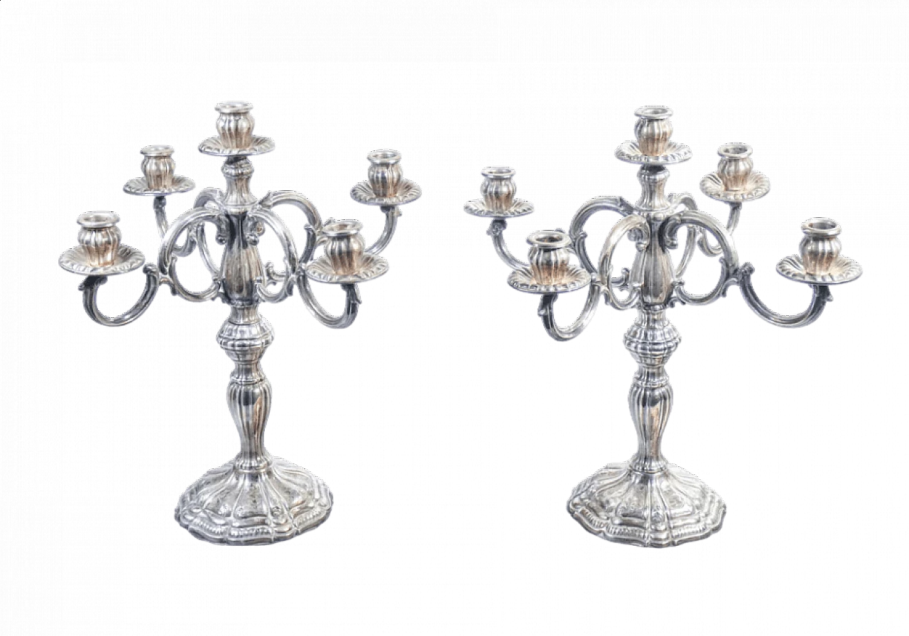 Coppia di candelieri a cinque lumi in argento di Peruggia & C., primo '900 9