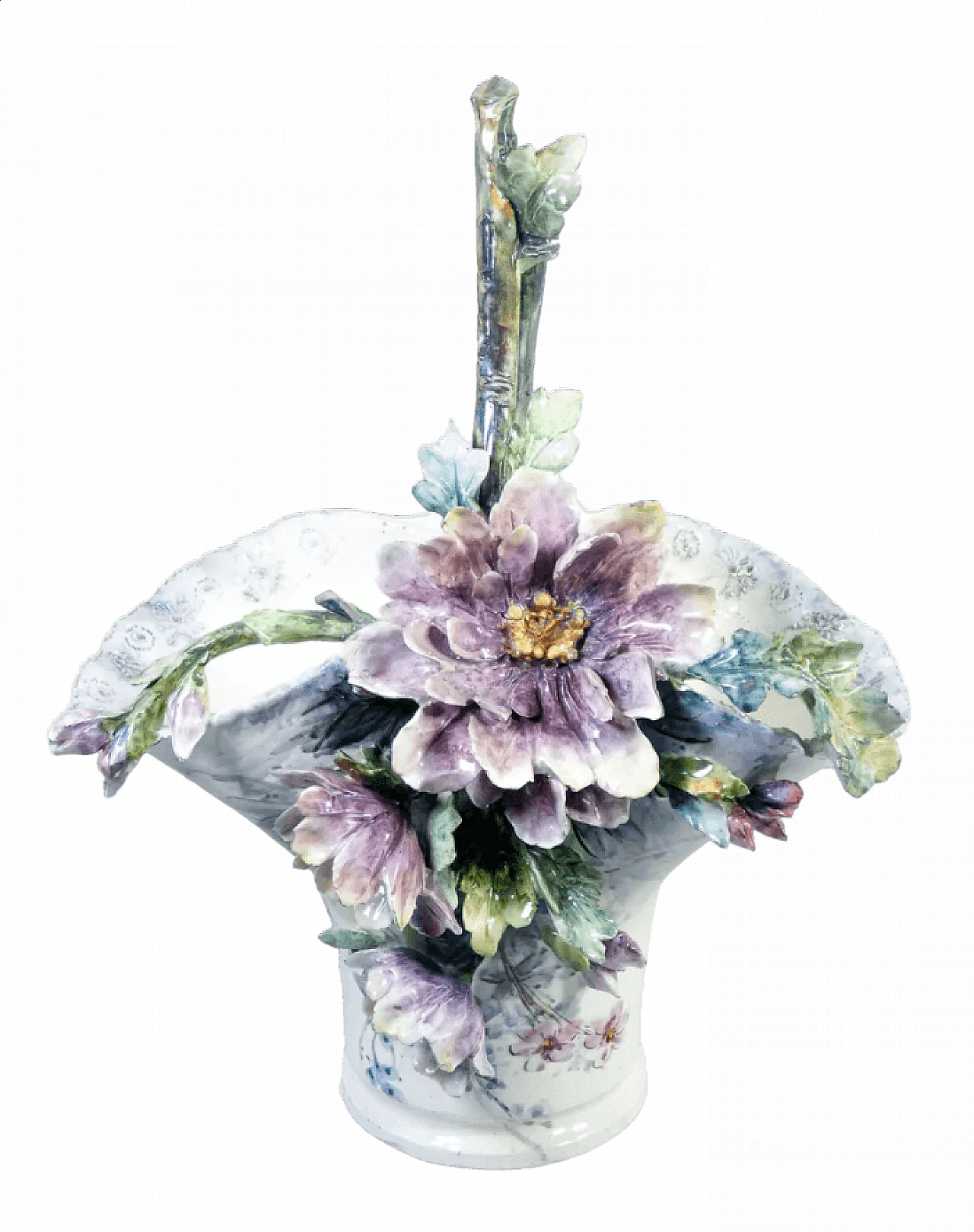 Vaso francese in ceramica barbotine con fiori e foglie, primo '900 11