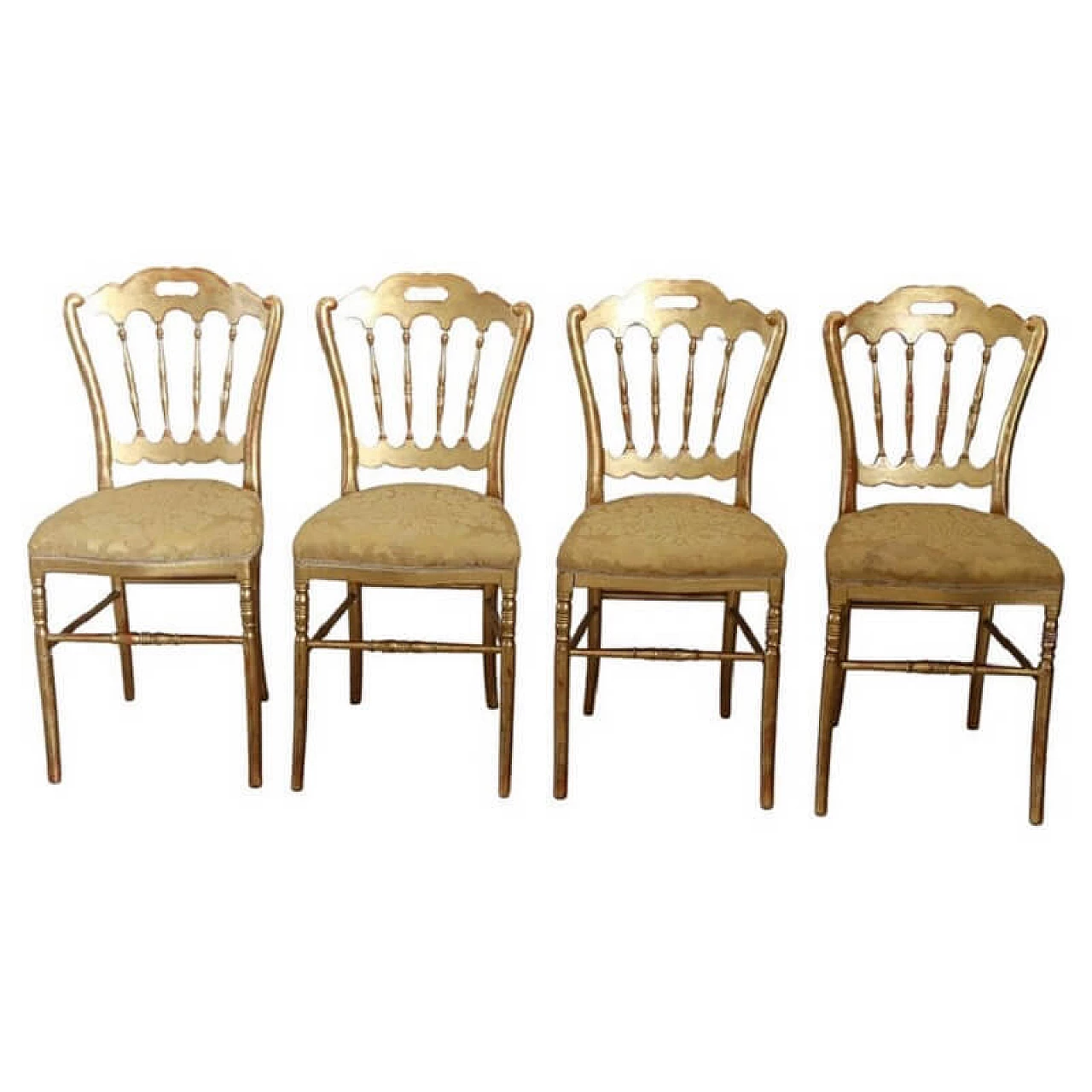 4 Sedie in legno dorato a foglia oro con gambe tornite, '800 1