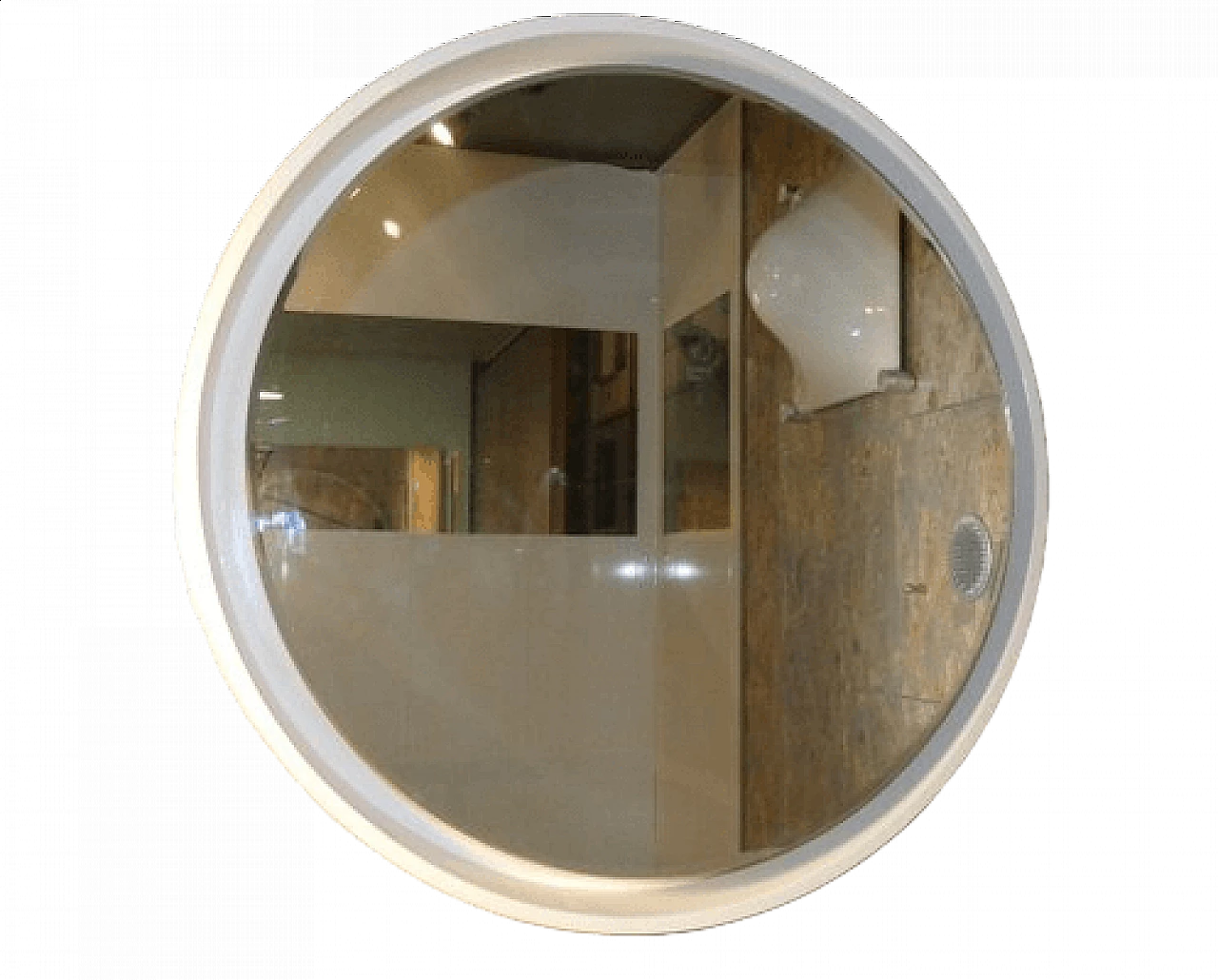 Backlit round mirror in white lacquered wood, 1970s 5