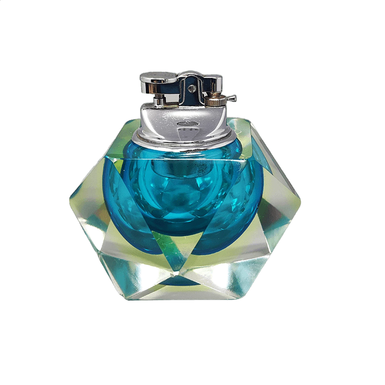 Blue and yellow submerged Murano glass table lighter by Flavio Poli for Seguso, 1960s 9