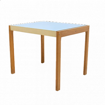 Tavolino in legno con piano azzurro in formica di TON, anni '70