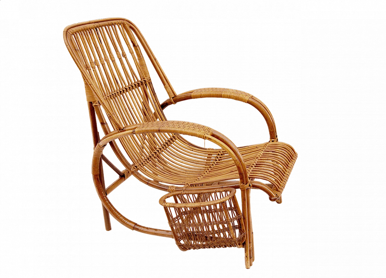 Bamboo and wicker armchair with magazine pocket, 1950s 7