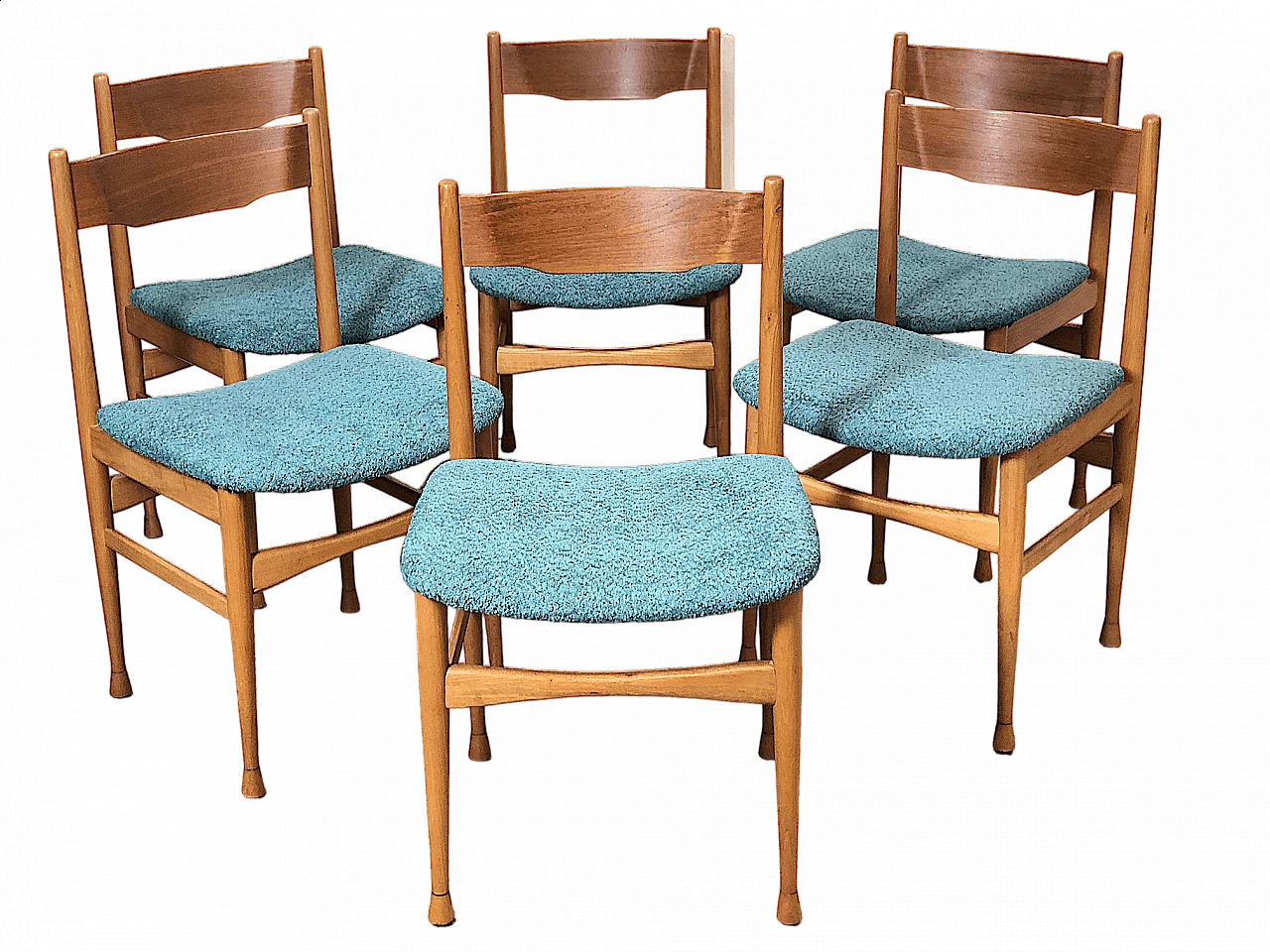 6 Sedie in faggio massello con seduta in tessuto, anni '60 15