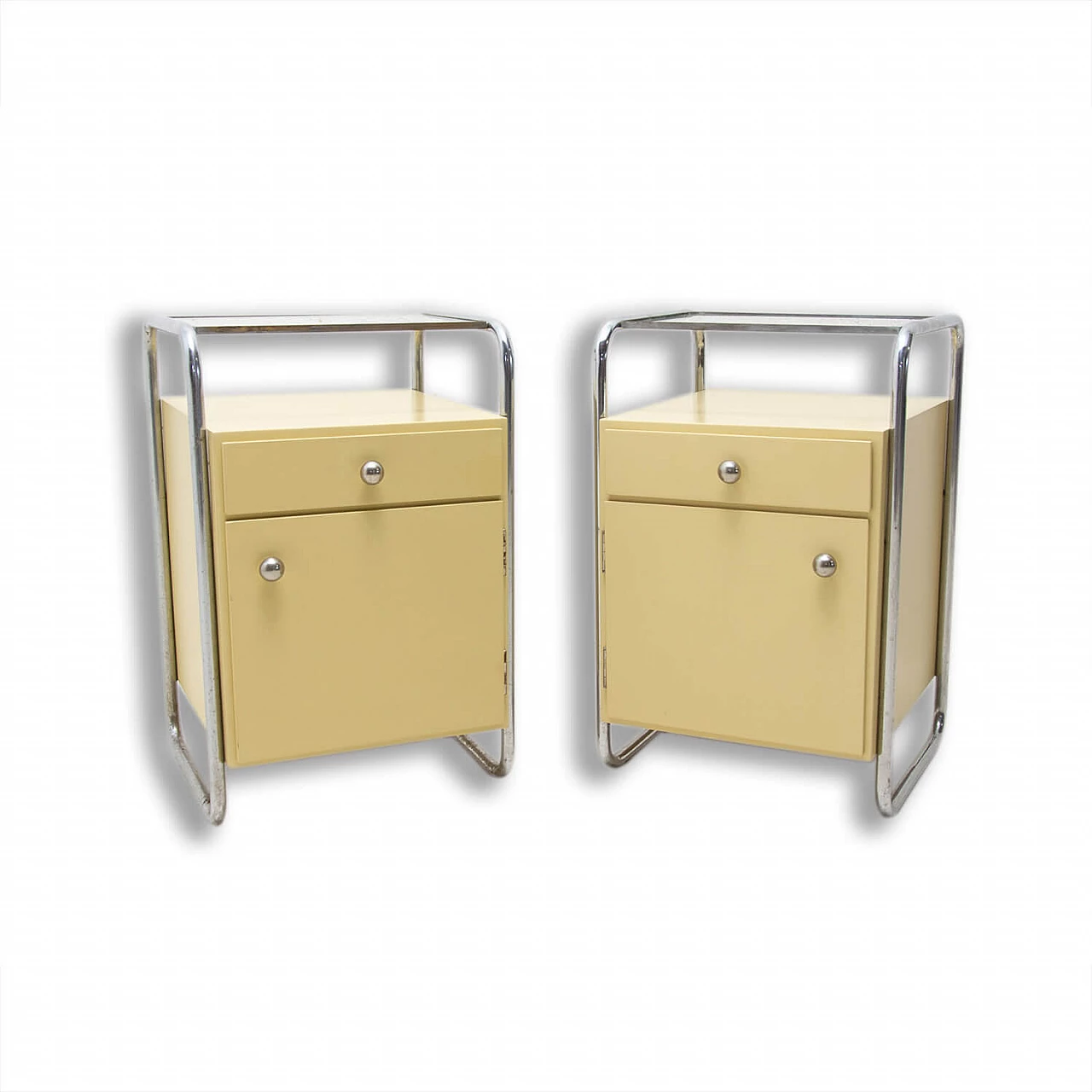 Coppia di comodini in legno con elementi cromati Bauhaus, anni '30 1