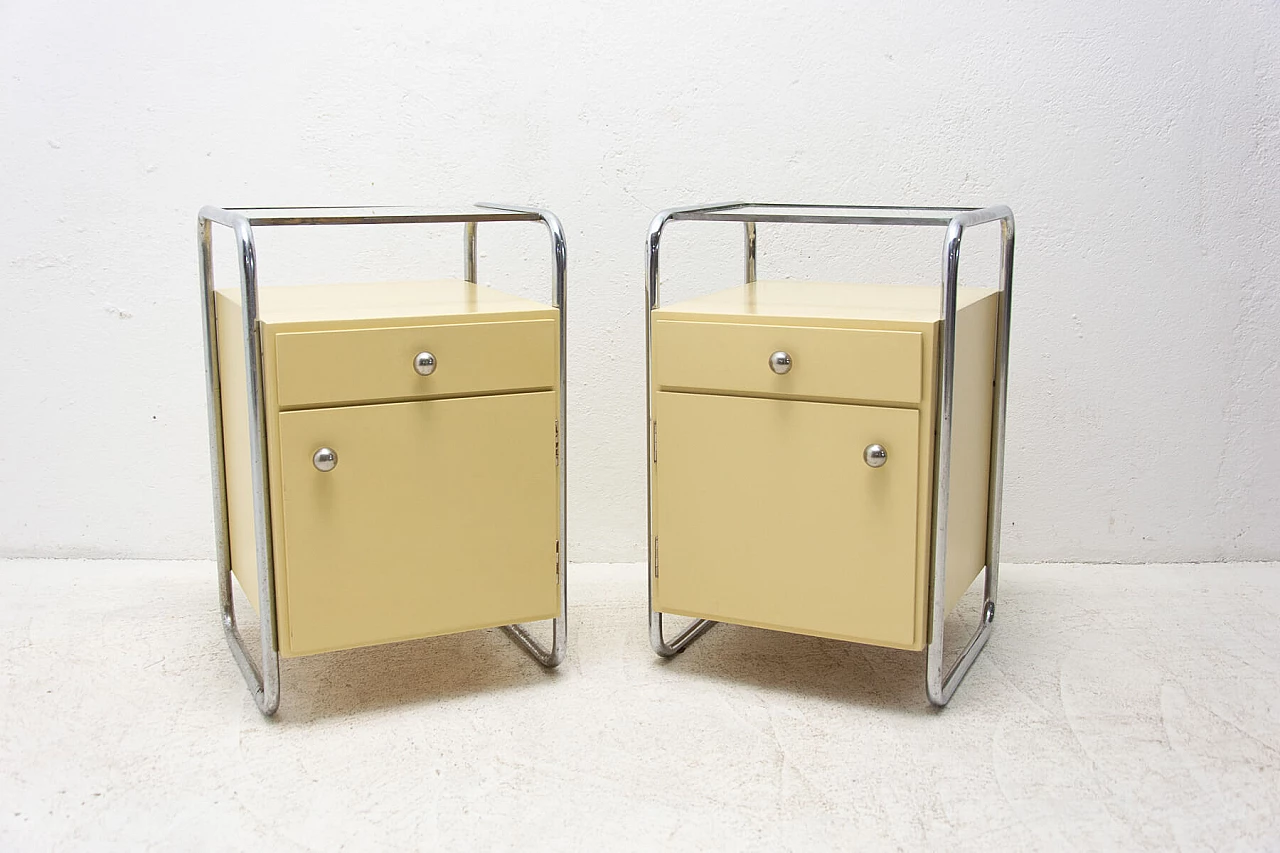 Coppia di comodini in legno con elementi cromati Bauhaus, anni '30 2