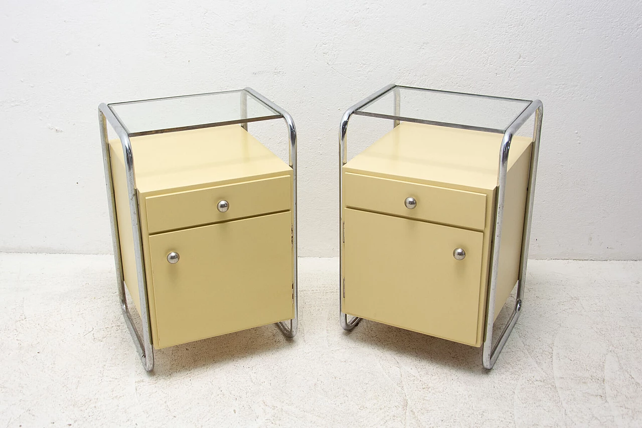 Coppia di comodini in legno con elementi cromati Bauhaus, anni '30 3