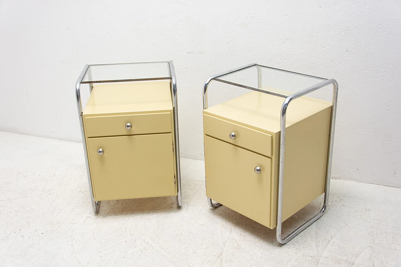 Coppia di comodini in legno con elementi cromati Bauhaus, anni '30 4