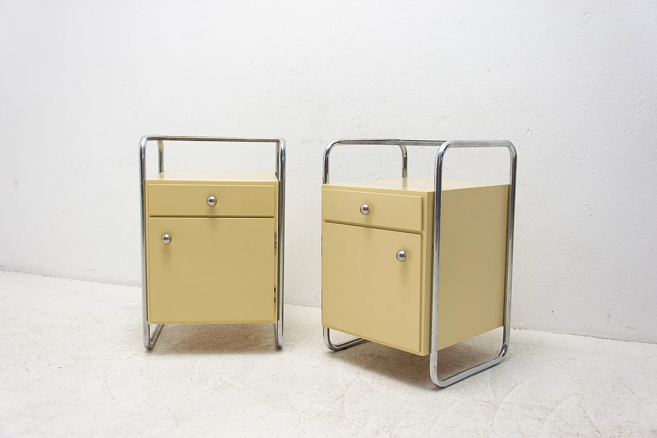 Coppia di comodini in legno con elementi cromati Bauhaus, anni '30 5