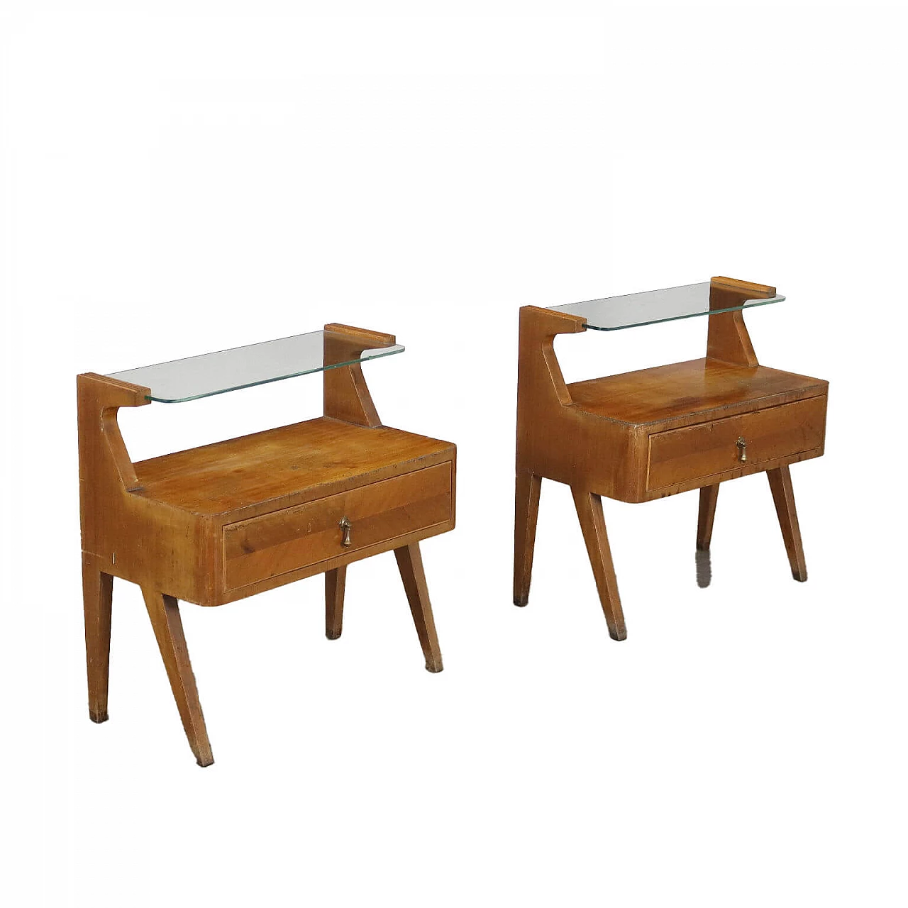 Pair of wooden bedside tables with glass shelf, 1950s 1