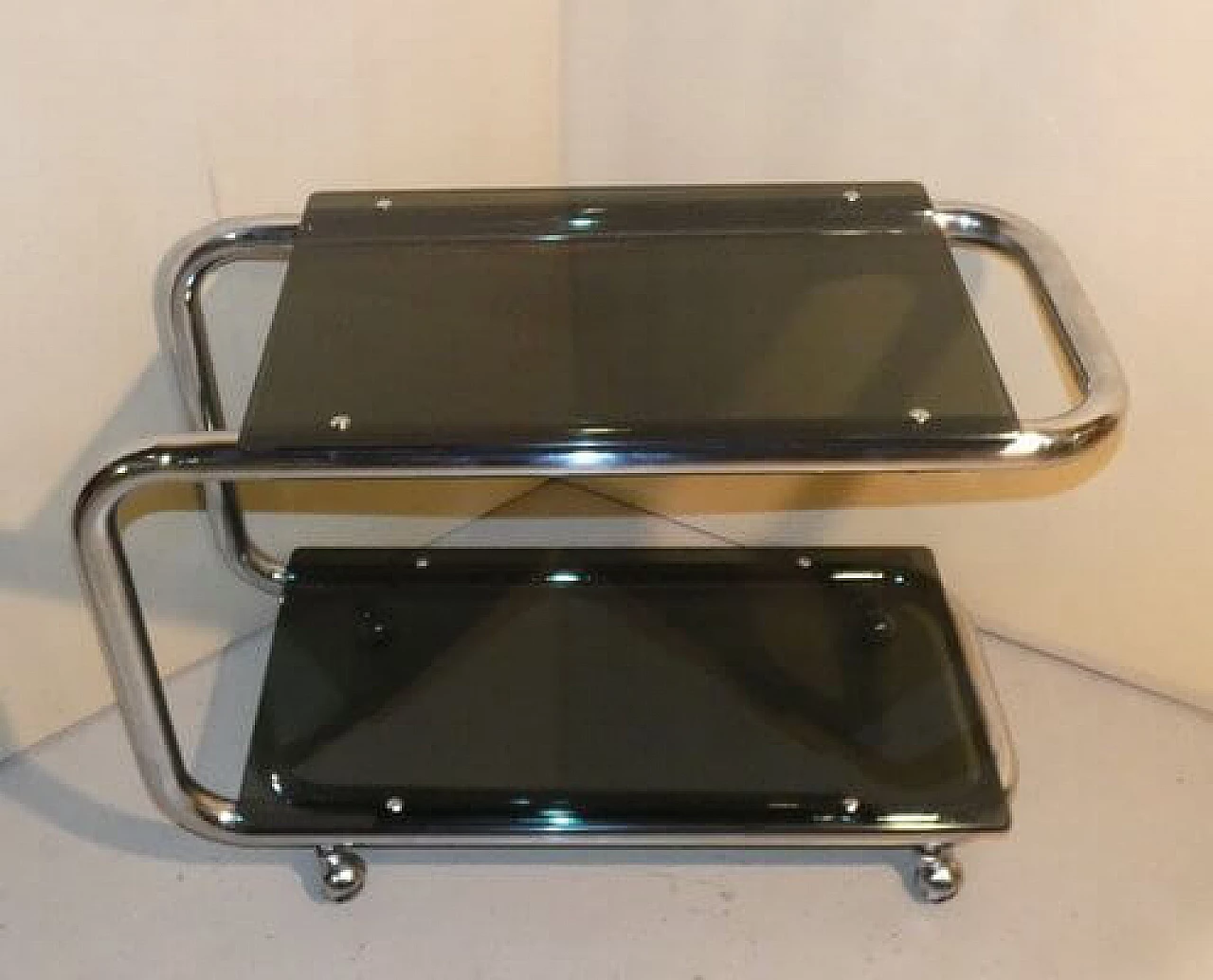 Tubular cart in chrome-plated steel and smoked glass, 1970s 16