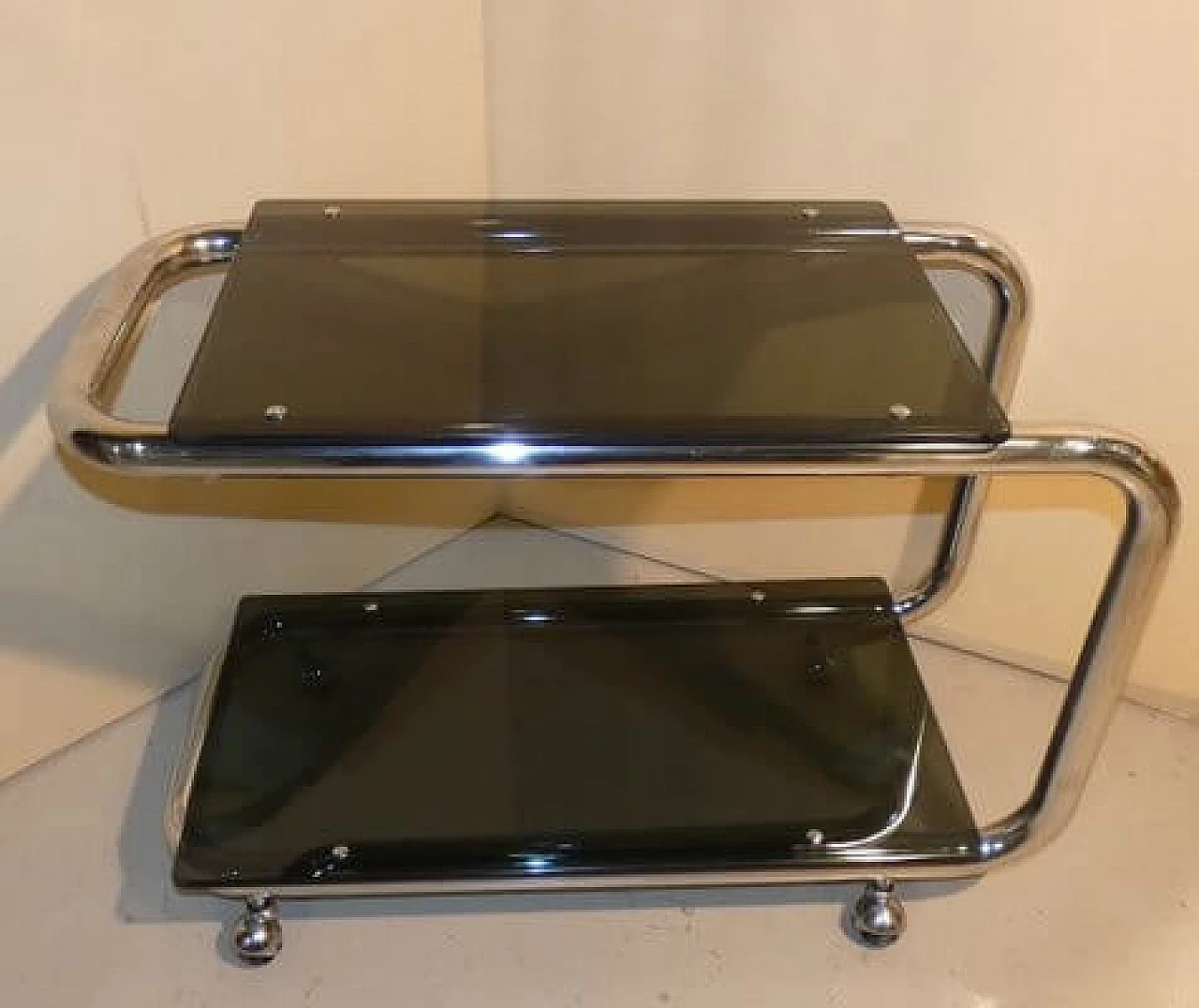 Tubular cart in chrome-plated steel and smoked glass, 1970s 17