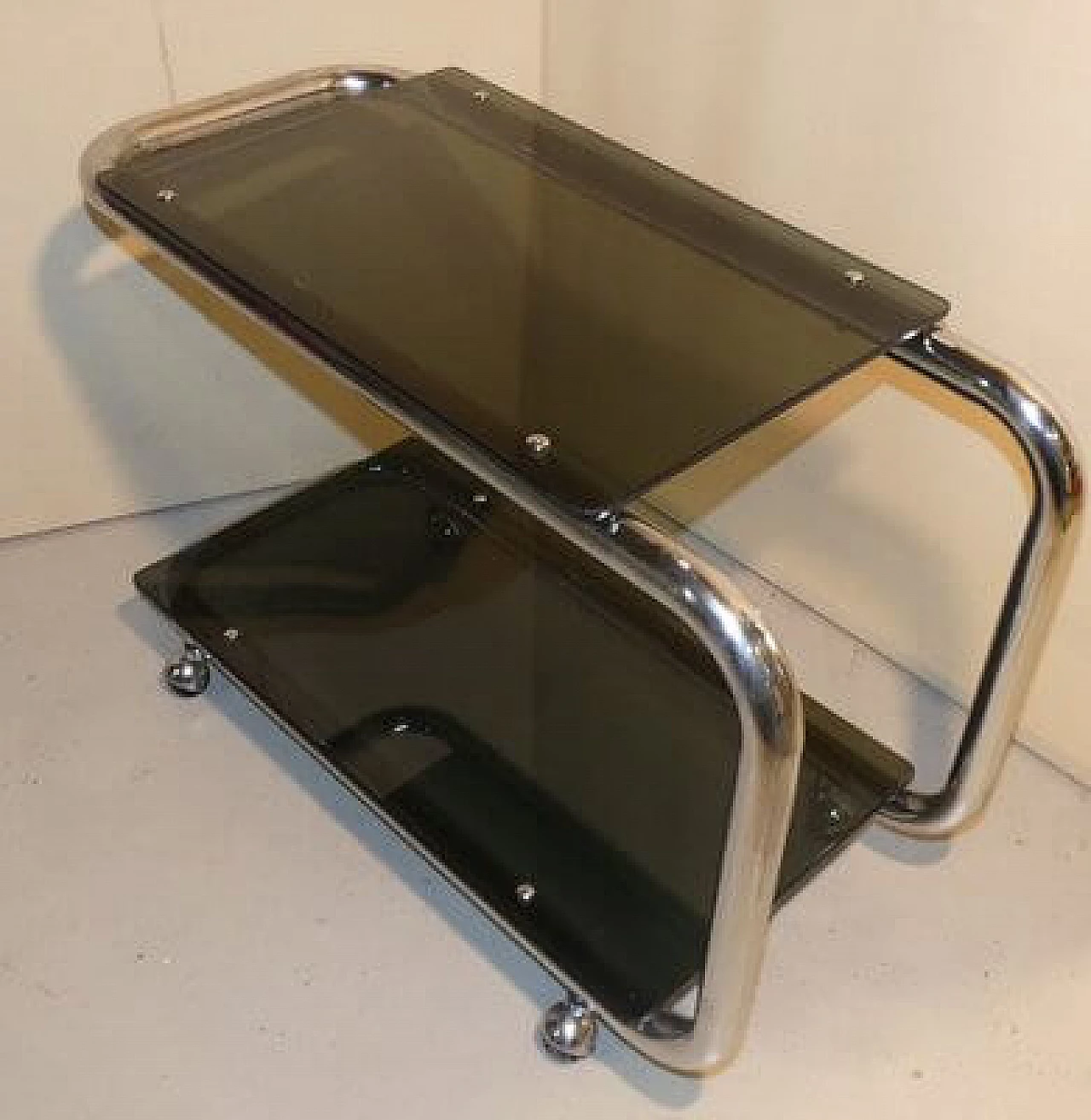 Tubular cart in chrome-plated steel and smoked glass, 1970s 24