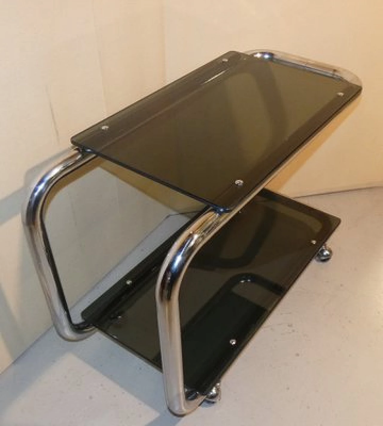 Tubular cart in chrome-plated steel and smoked glass, 1970s 25