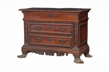 Walnut two-drawer chest of drawers with opening top, 17th century