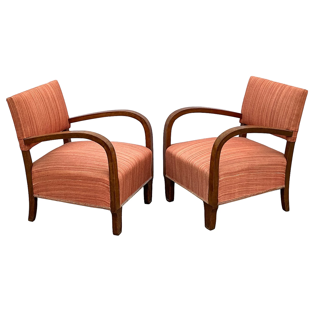 Pair of Art Deco small armchairs in walnut root and fabric, 1930s 1