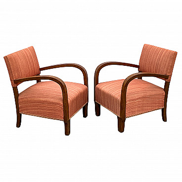 Pair of Art Deco small armchairs in walnut root and fabric, 1930s