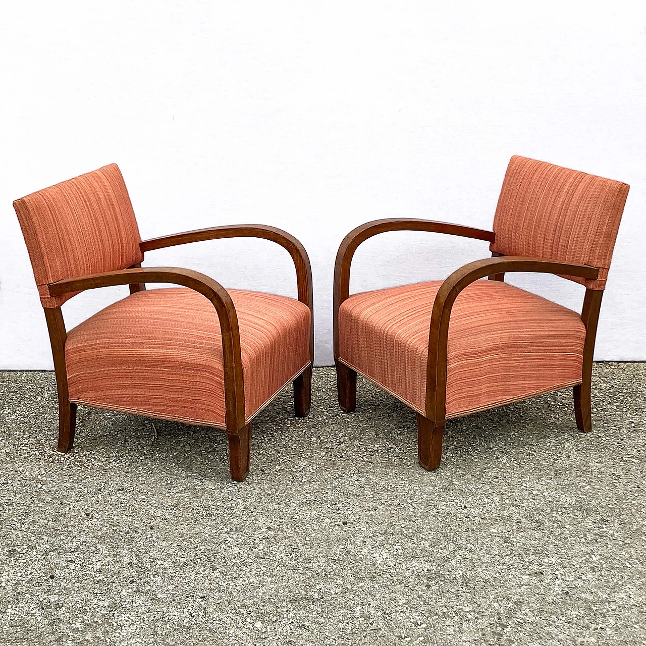 Pair of Art Deco small armchairs in walnut root and fabric, 1930s 2