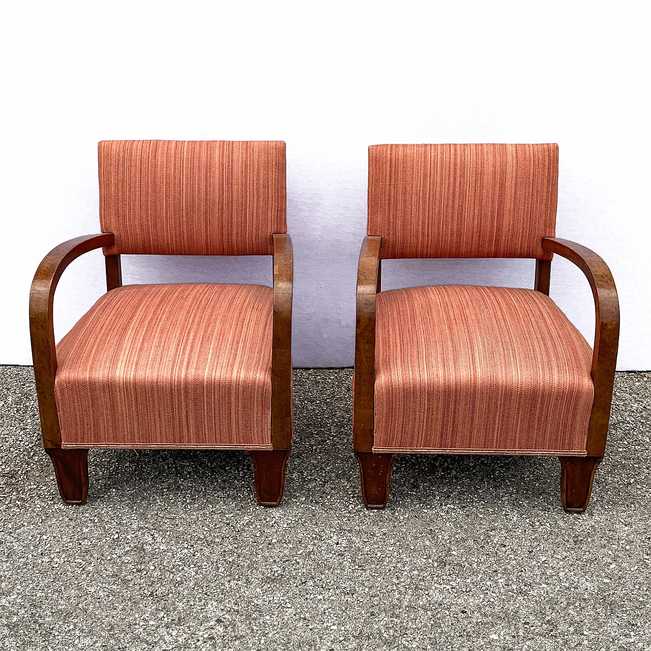 Pair of Art Deco small armchairs in walnut root and fabric, 1930s 3