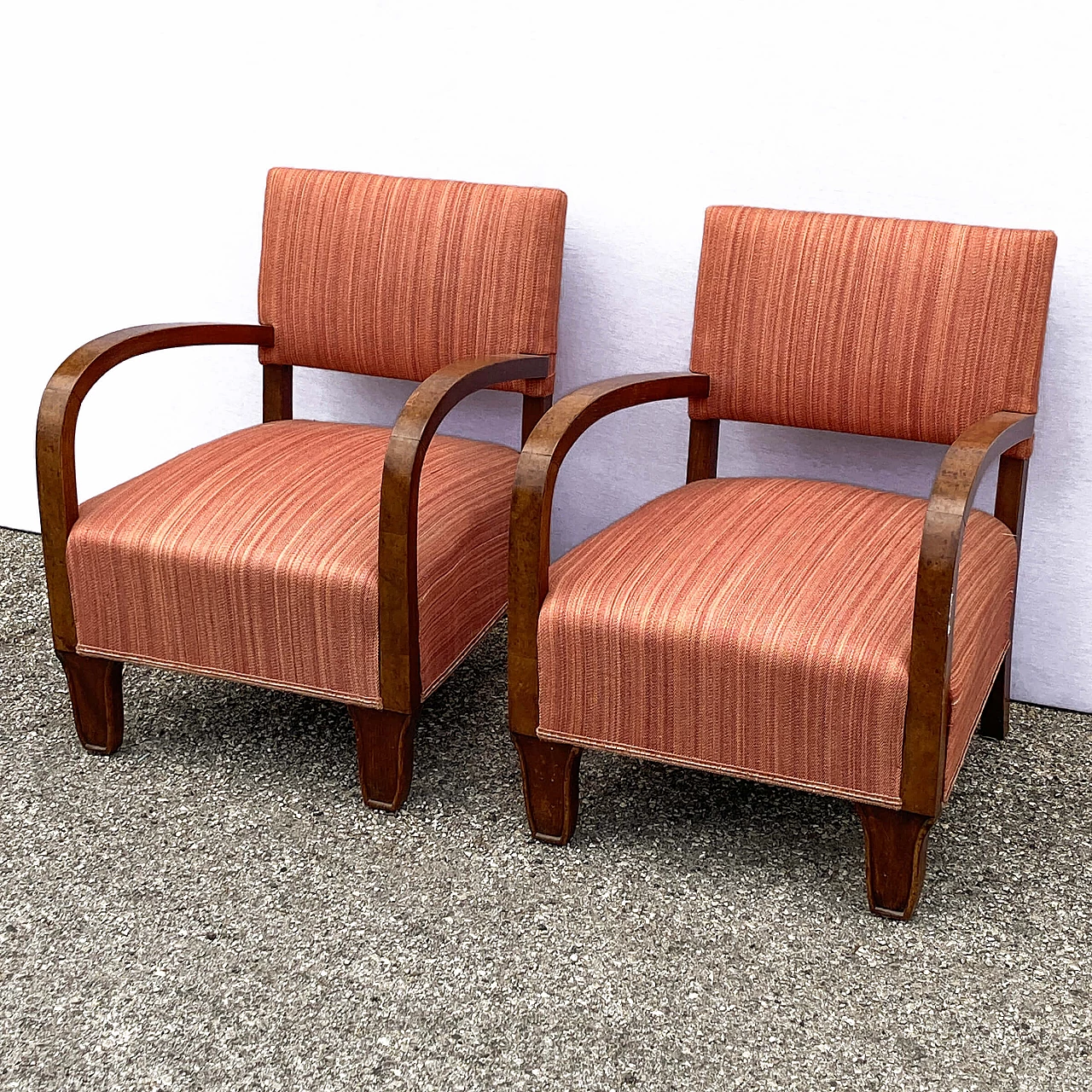 Pair of Art Deco small armchairs in walnut root and fabric, 1930s 4