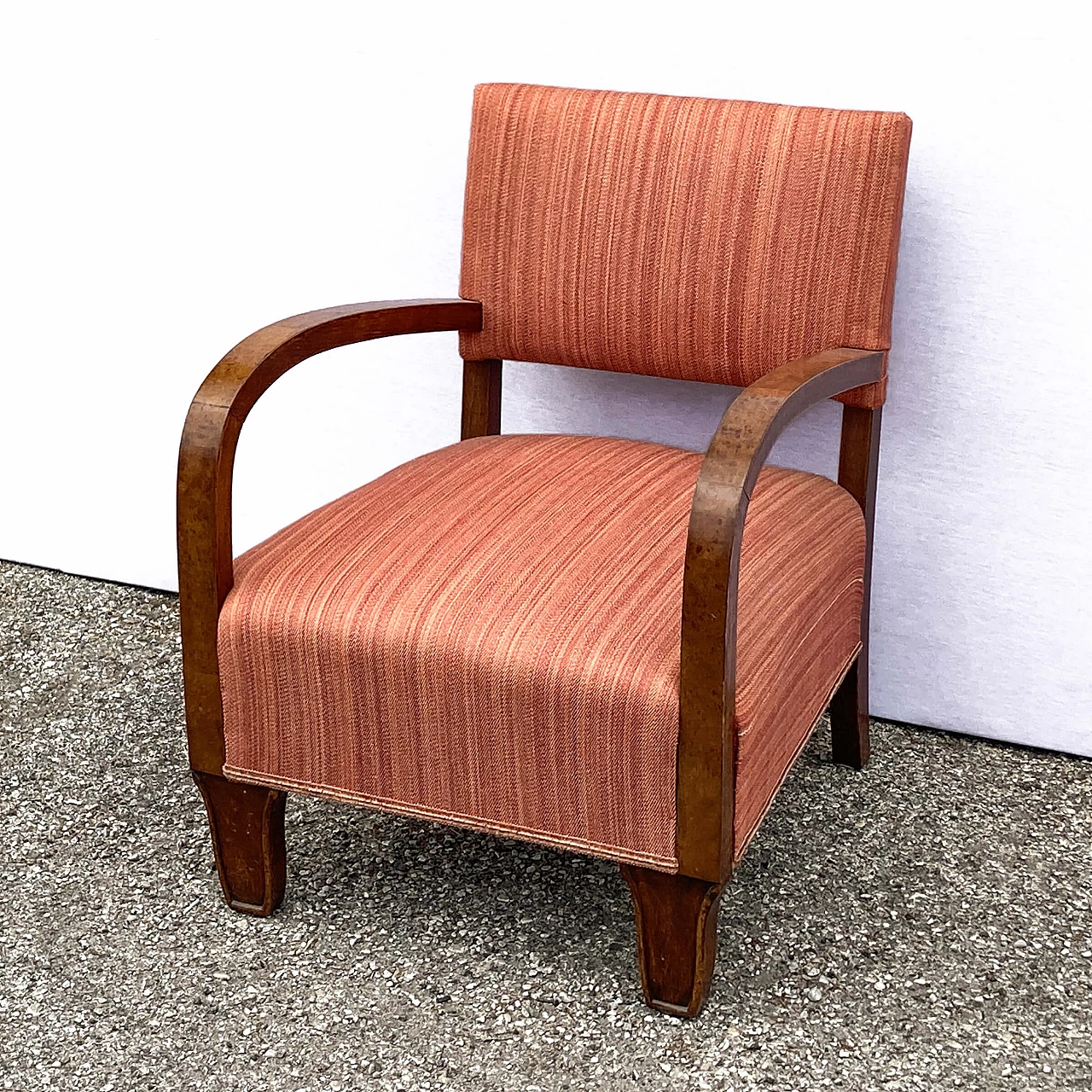 Pair of Art Deco small armchairs in walnut root and fabric, 1930s 5
