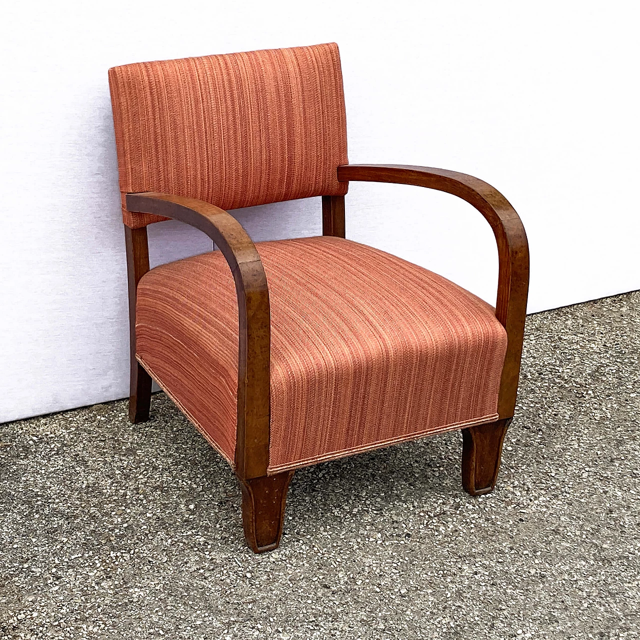 Pair of Art Deco small armchairs in walnut root and fabric, 1930s 6