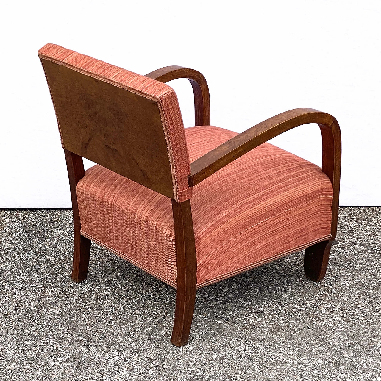 Pair of Art Deco small armchairs in walnut root and fabric, 1930s 7