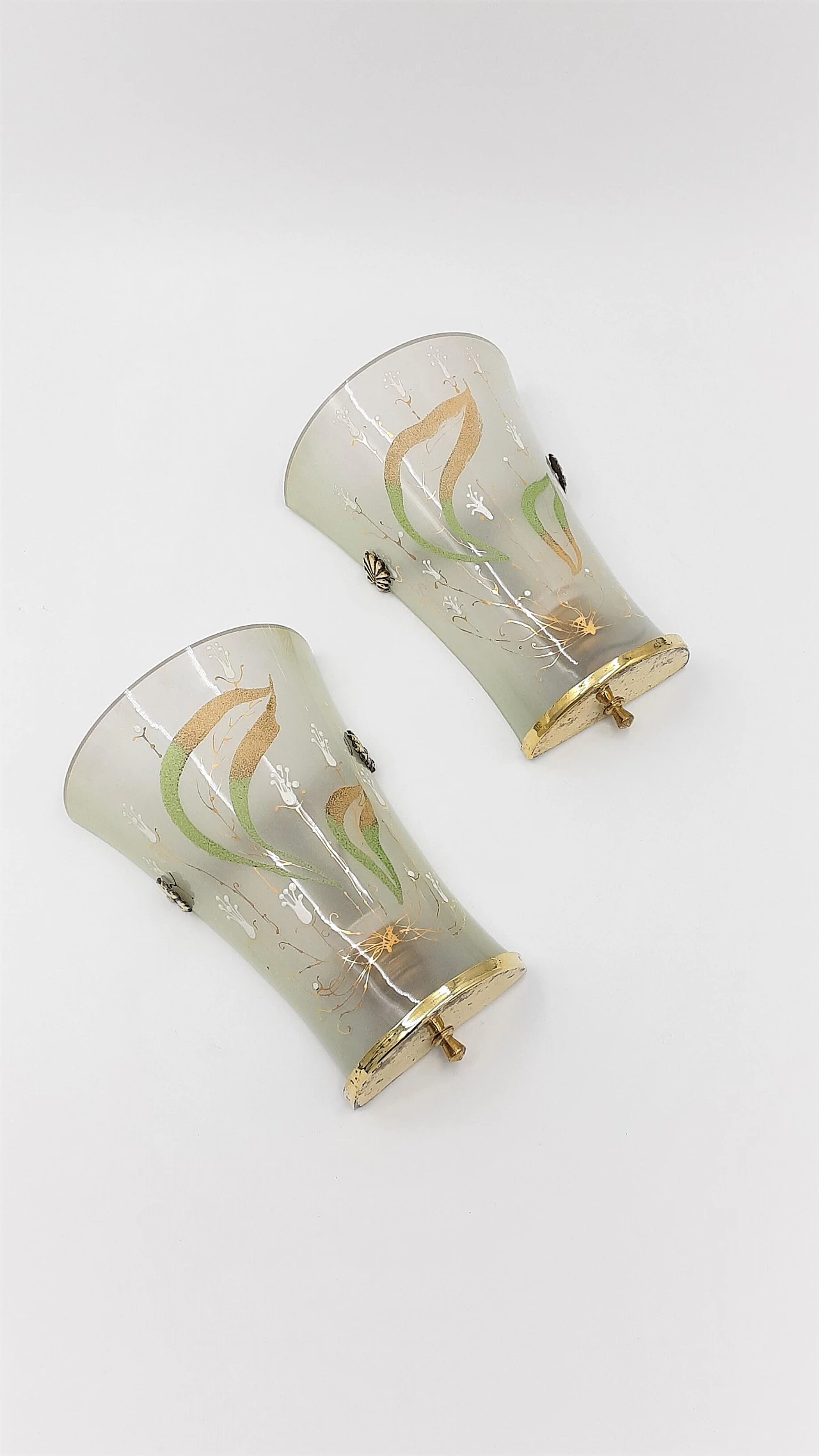Pair of Art Nouveau hand-decorated glass wall sconces, 1910s 1
