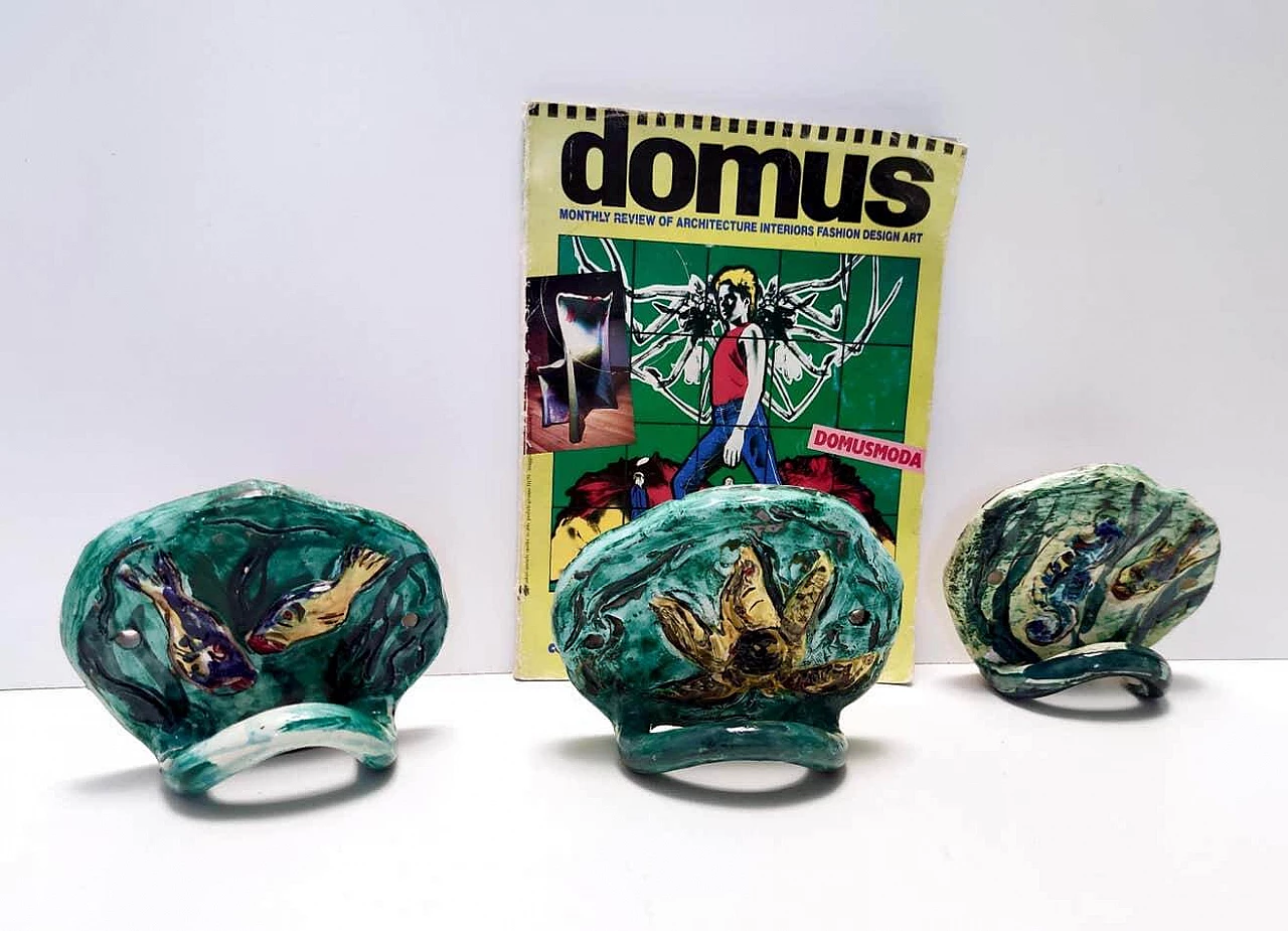 3 Hand-painted ceramic wall hangers, 1950s 7