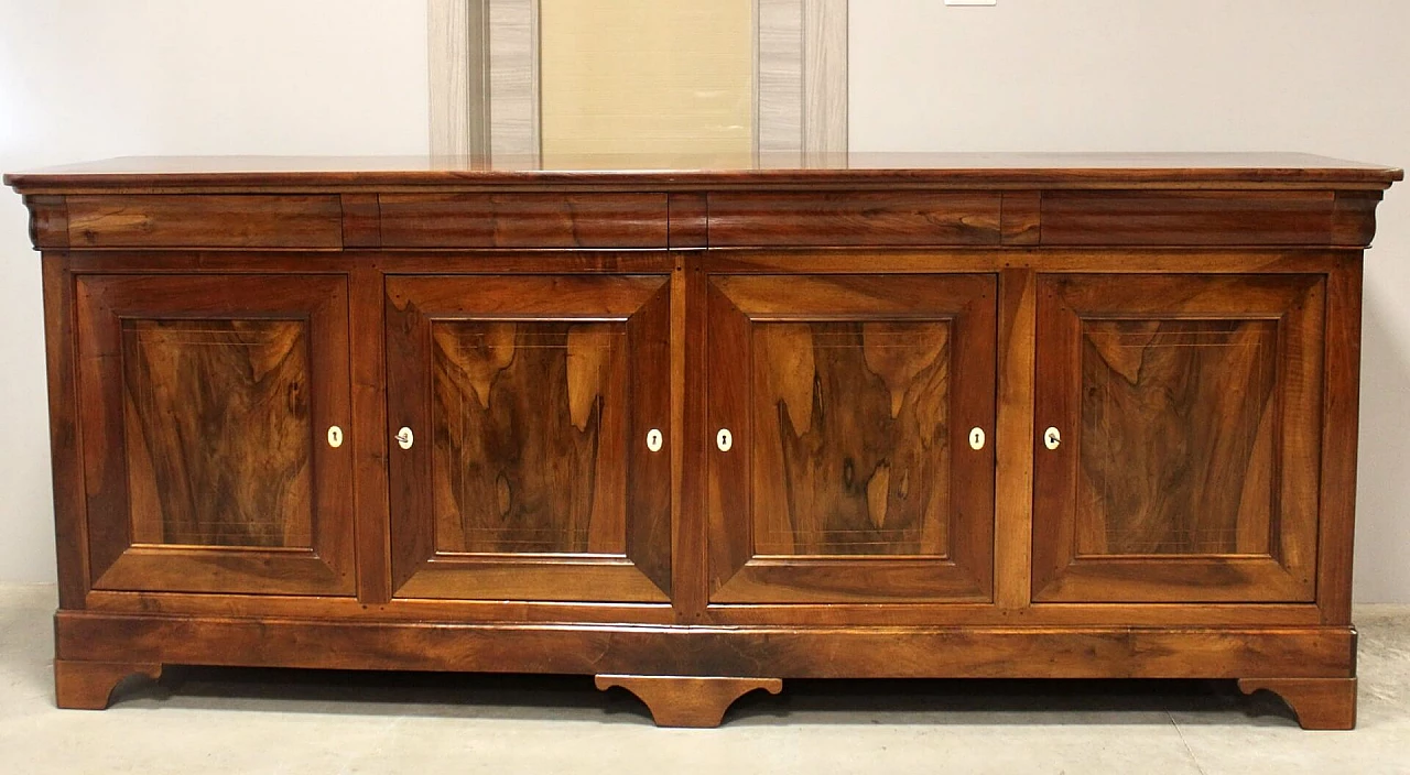 Credenza cappuccina filettata in noce massello a quattro ante Carlo X, '800 12