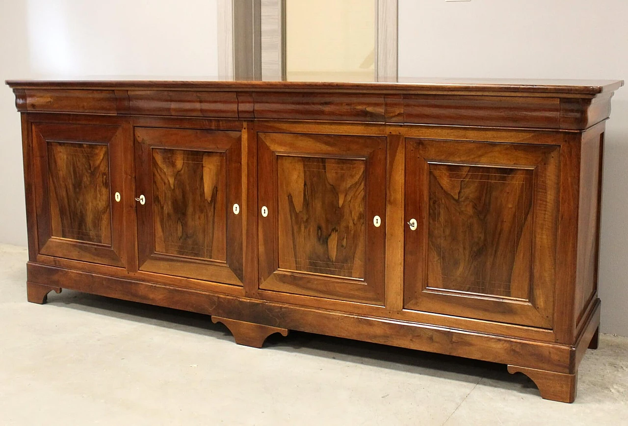 Credenza cappuccina filettata in noce massello a quattro ante Carlo X, '800 19