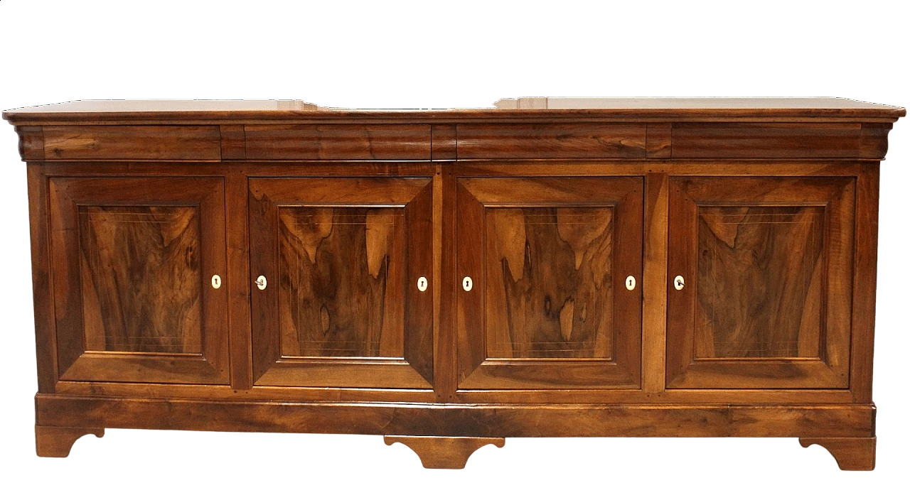 Credenza cappuccina filettata in noce massello a quattro ante Carlo X, '800 21