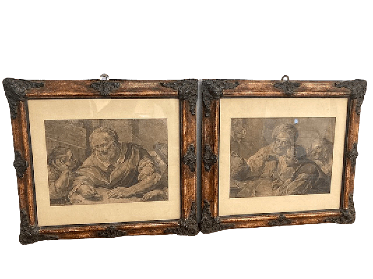 Pair of prints with carved and lacquered faux wood frames, mid-19th century 7