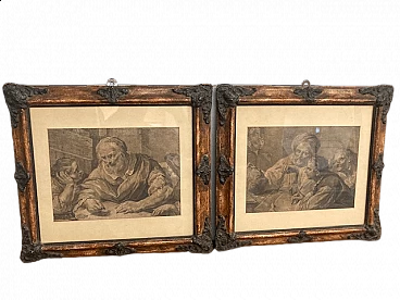 Pair of prints with carved and lacquered faux wood frames, mid-19th century