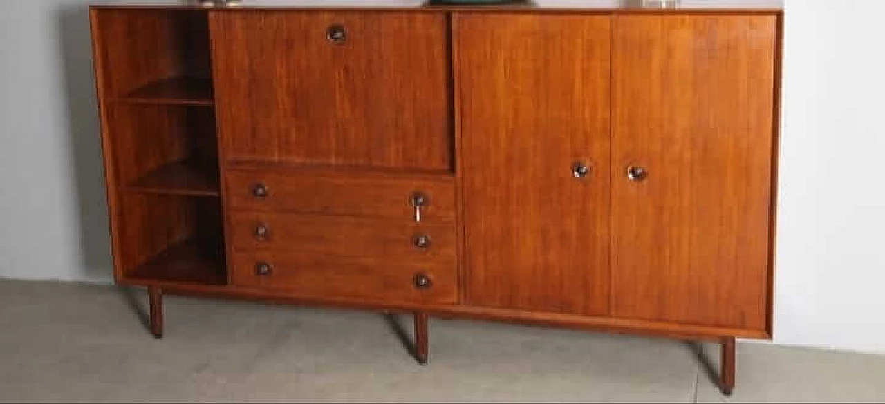 Teak sideboard with open compartment, flap, drawers and doors, 1960s 12