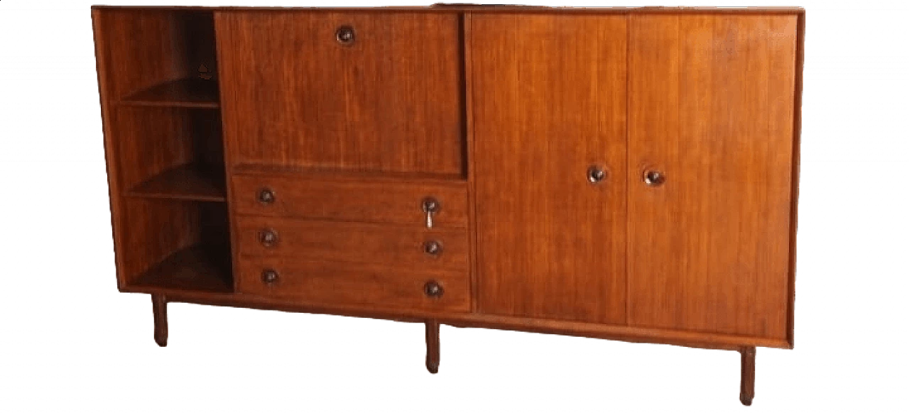 Teak sideboard with open compartment, flap, drawers and doors, 1960s 13