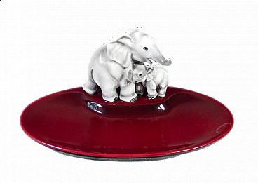 Painted and glazed ceramic ashtray with elephantess and cub by Guido Cacciapuoti, 1930s