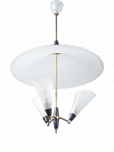 Lampadario in vetro acidato e metallo dorato, anni '50