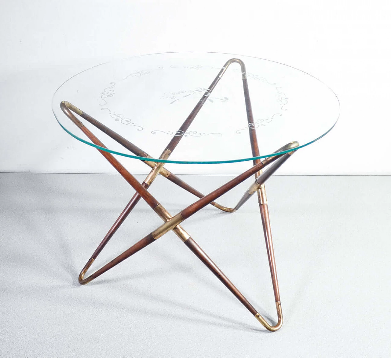 Wood and brass coffee table with decorated glass top by Cesare Lacca, 1940s 1