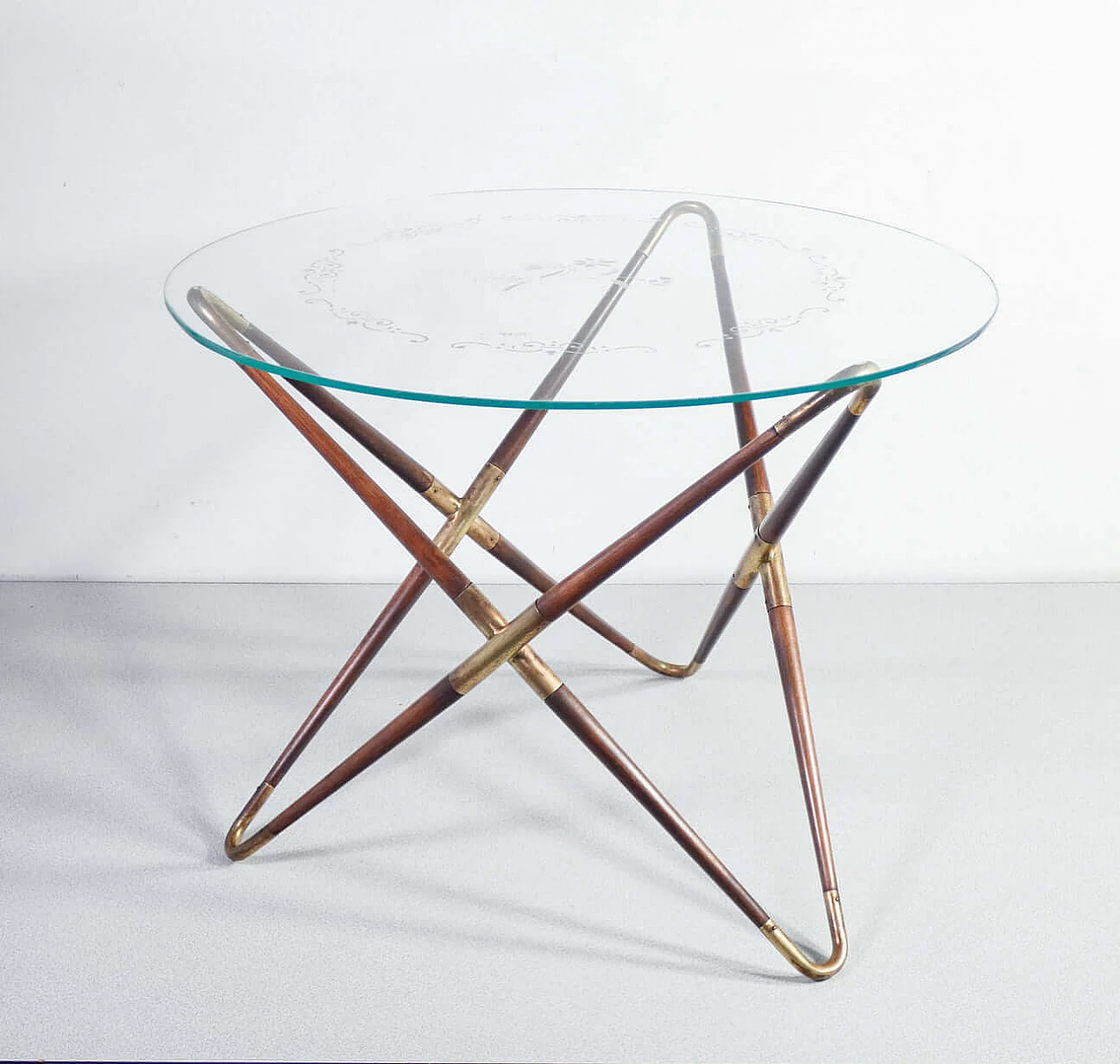Wood and brass coffee table with decorated glass top by Cesare Lacca, 1940s 2