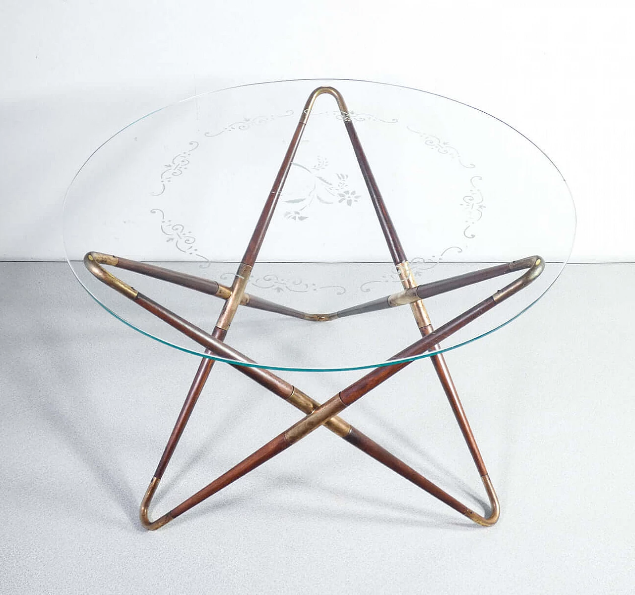 Wood and brass coffee table with decorated glass top by Cesare Lacca, 1940s 5