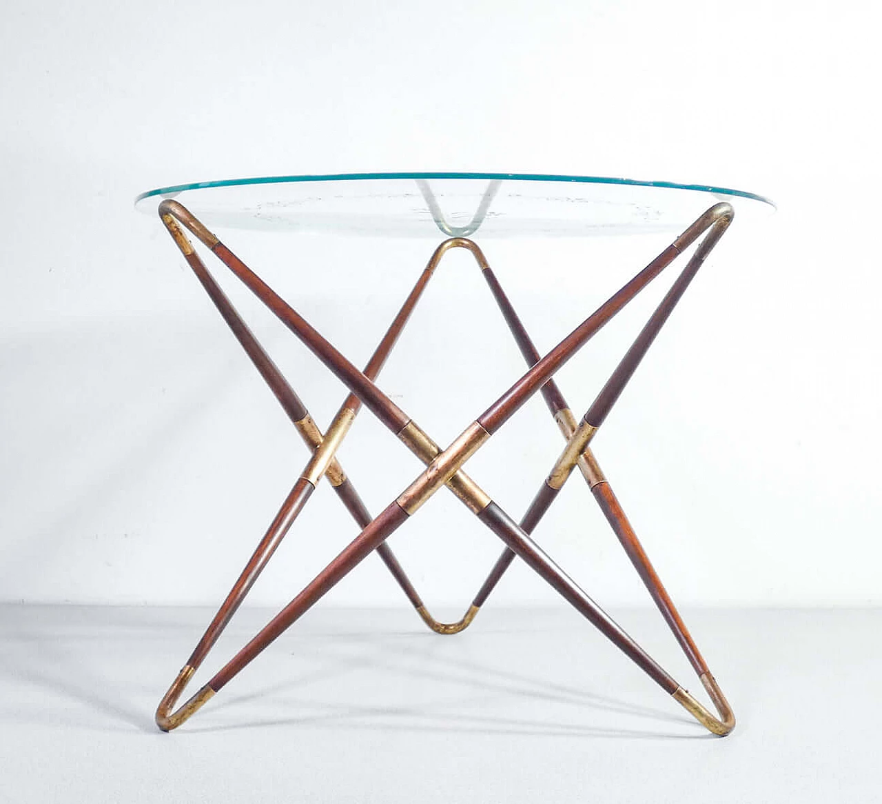 Wood and brass coffee table with decorated glass top by Cesare Lacca, 1940s 7