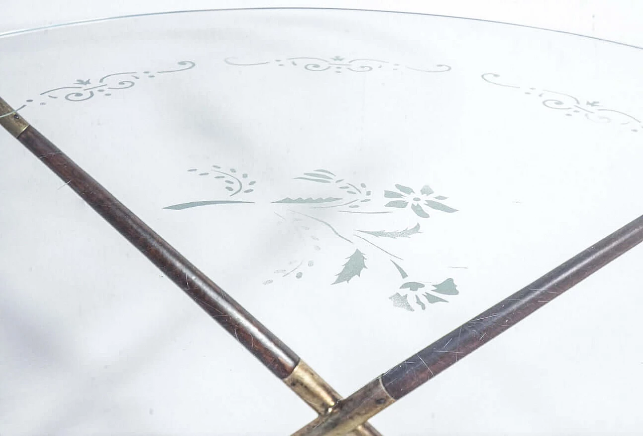 Wood and brass coffee table with decorated glass top by Cesare Lacca, 1940s 9