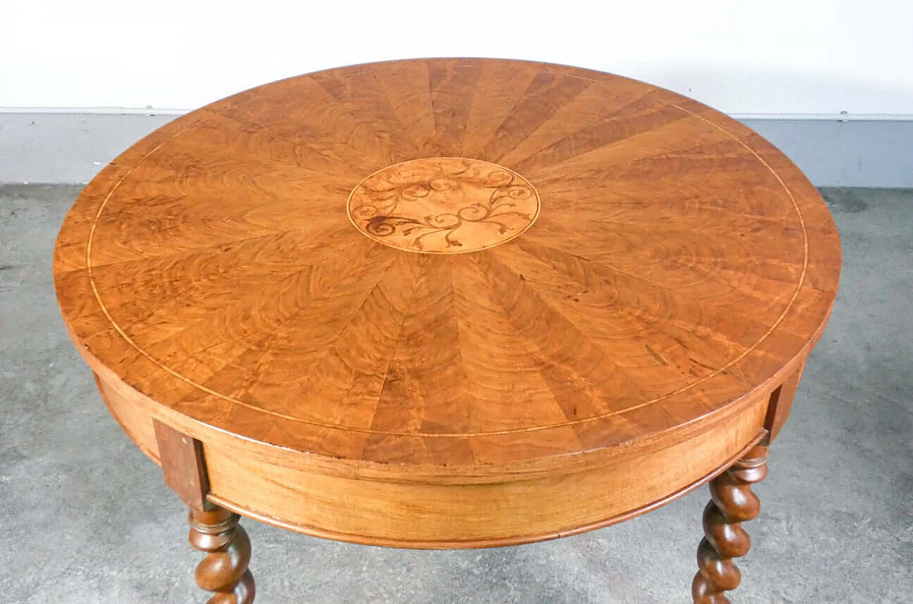 Charles X inlaid and panelled walnut round table with twisted legs, 19th century 4