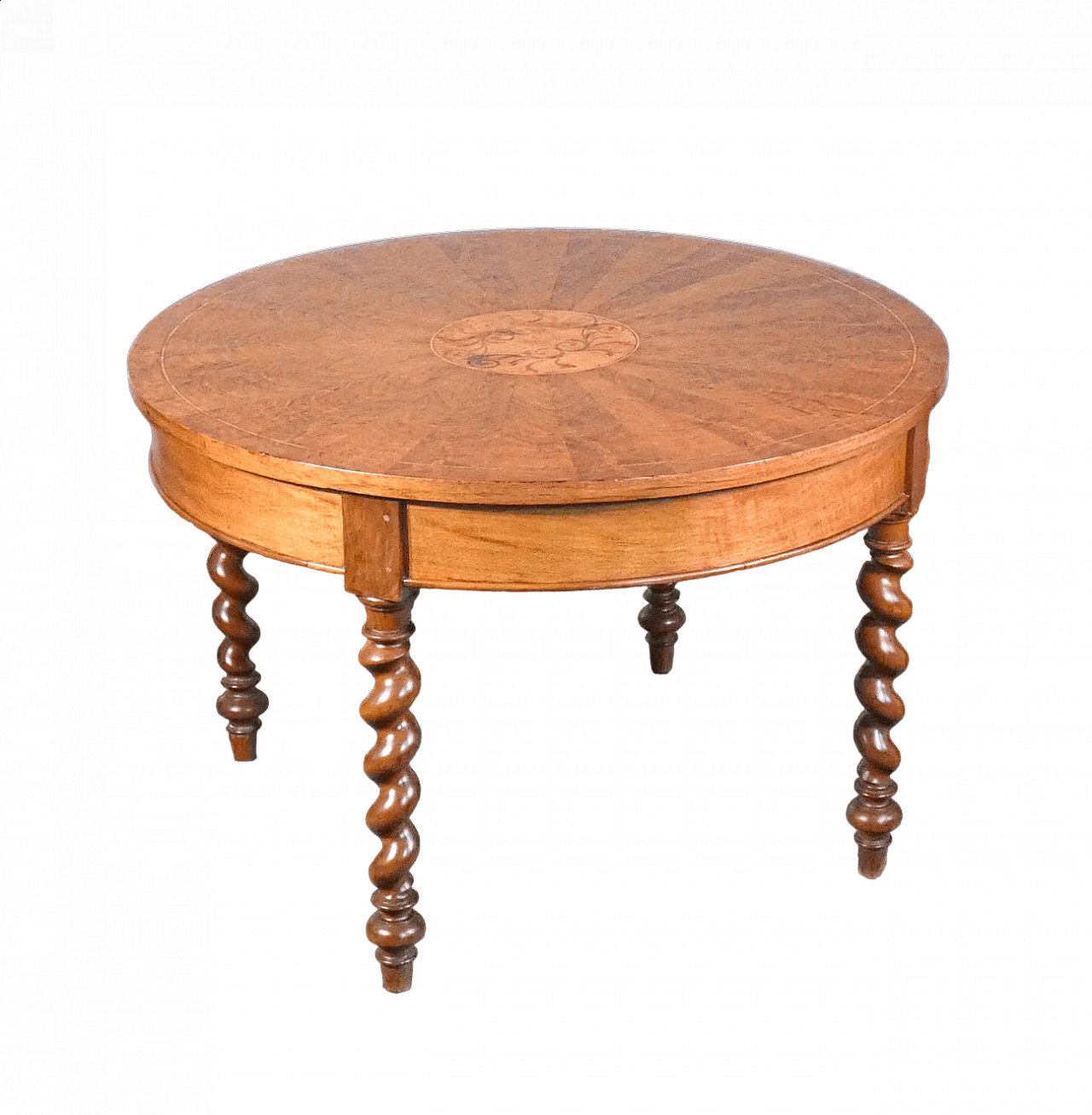 Charles X inlaid and panelled walnut round table with twisted legs, 19th century 8
